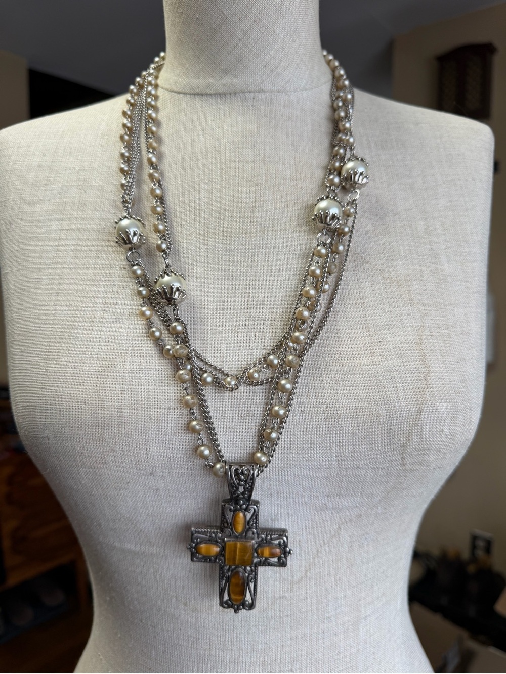 Vintage Faux Pearl Flapper Necklace 925 Sterling Silver Cross